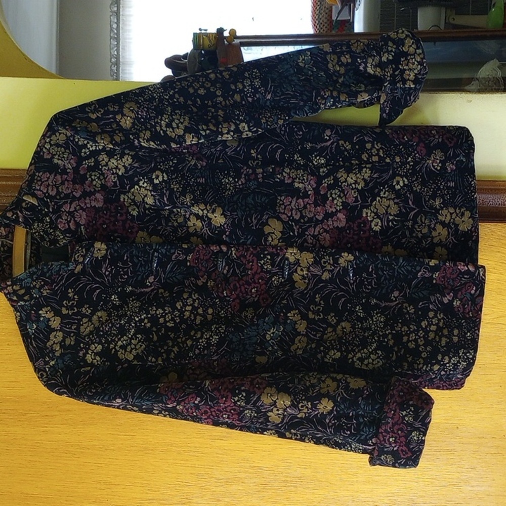 Small Black Floral Velvet Jacket with Satin Lining; Tan Cream Pink Green Flowers